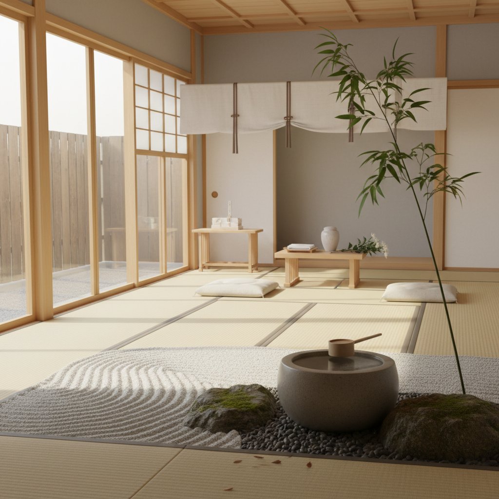 静謐な日本の庭園、水鉢と竹、柔らかな自然光