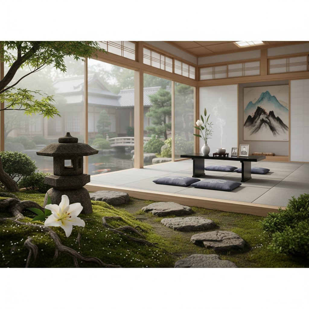 静謐な日本の庭園、朝の柔らかな光と白い百合
