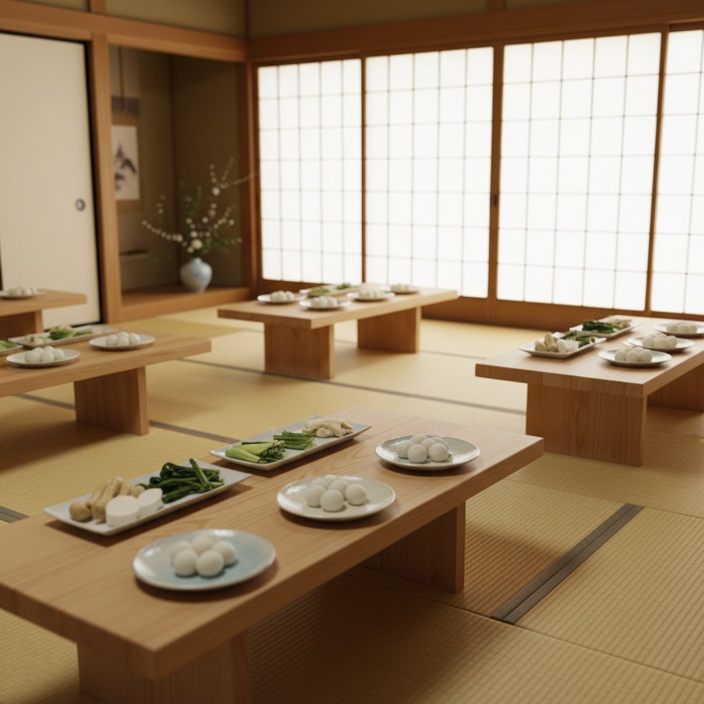 畳の部屋に障子からの自然光が差し込み、お彼岸のお供え物が静かに並べられた和空間。