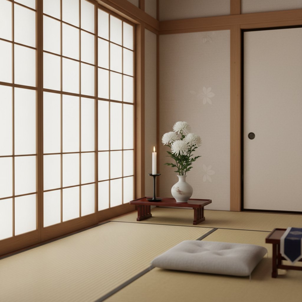 障子から光が差し込む清らかな和室に、白菊と和蝋燭が静かに置かれた様子。