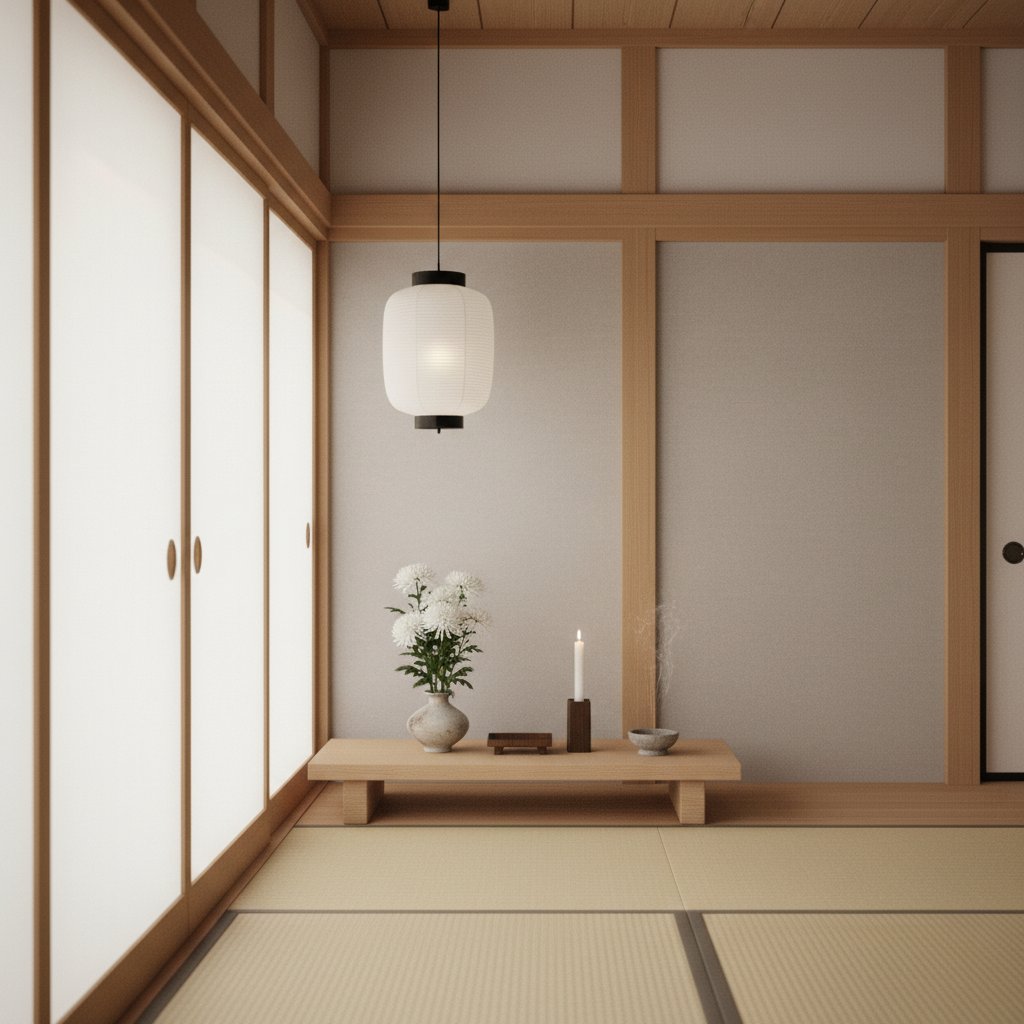 和室に白紋天提灯と白い花が飾られた、新盆を迎えるための静謐な和空間。