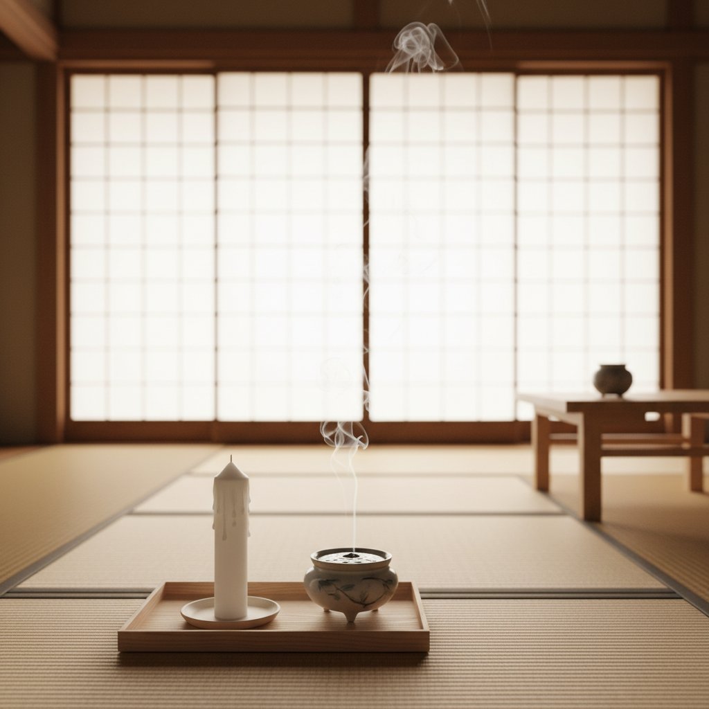 和室で線香と和蝋燭の煙が静かに立ち上る、お焚き上げを象徴する画像。
