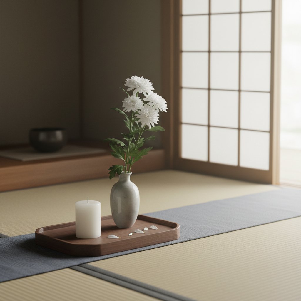 障子から差し込む柔らかな光と、白菊、和蝋燭が置かれた静謐な和室の一角。