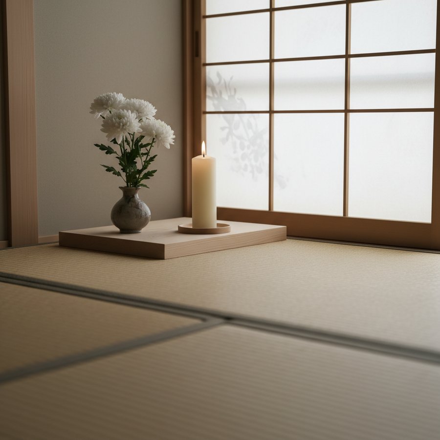和室の仏壇、白菊と和蝋燭、畳と障子
