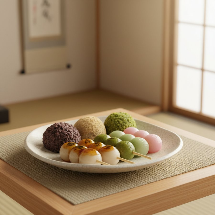 伝統的な和食器に盛られた、お彼岸のぼた餅や団子、精進料理。