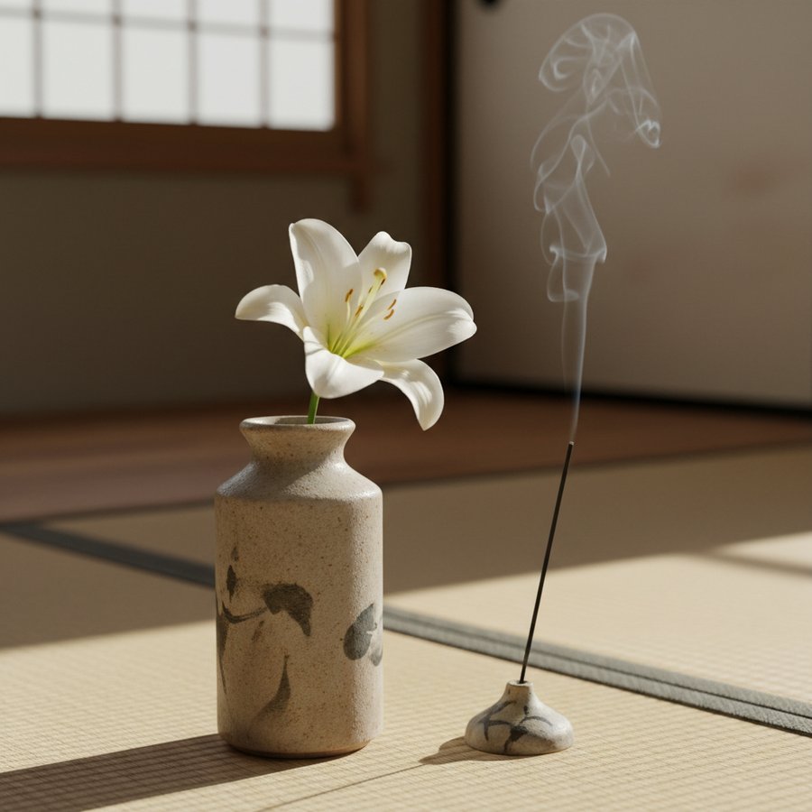 畳の上に置かれた白い百合と、静かに煙を上げる線香のクローズアップ。