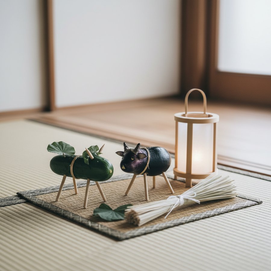 精霊馬と精霊牛が置かれた、新盆の迎え火・送り火を思わせるお盆飾り。