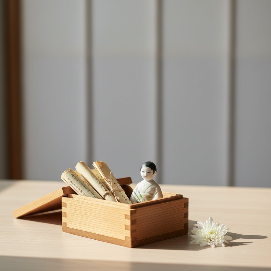 和の空間で古書と人形が白菊のそばに置かれ、伝統的な供養を表現。