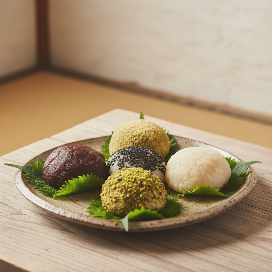 緑の葉に囲まれた、素朴な皿に盛られたぼたもち。