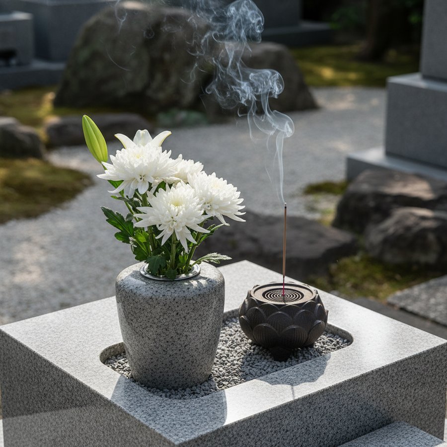 清掃された花立てに白い花が供えられ、線香の煙が静かに漂う。お盆の準備と供養の風景。