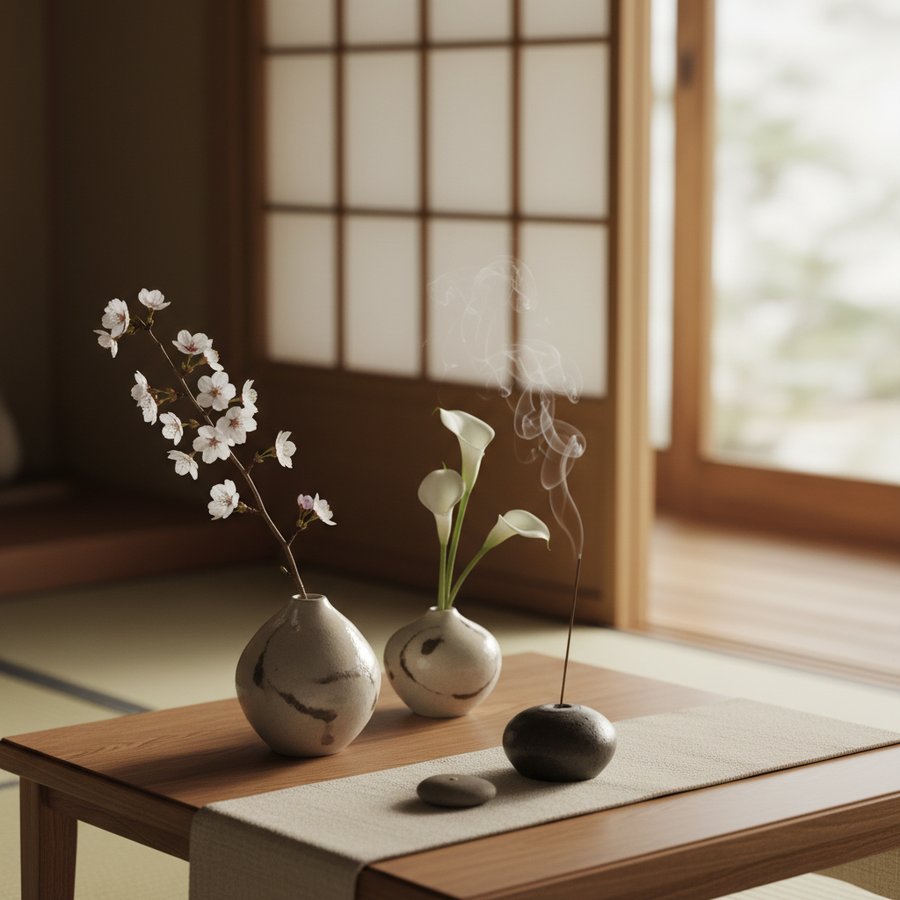 霊園の墓石、白百合と線香、静かな祈りの空間