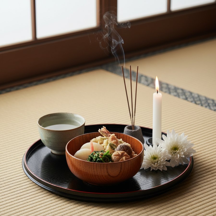 精進料理や線香、花など、故人へ心を込めて準備されたお供え物。