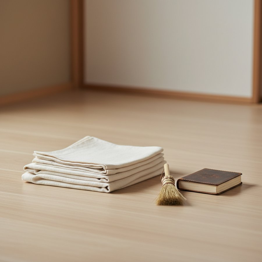 和室の床に丁寧に畳まれた布と古い手帳、清掃用具があり、整理と供養を連想。