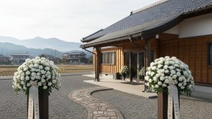 壬生町の落ち着いた葬儀会館の入り口と白菊のアレンジメント