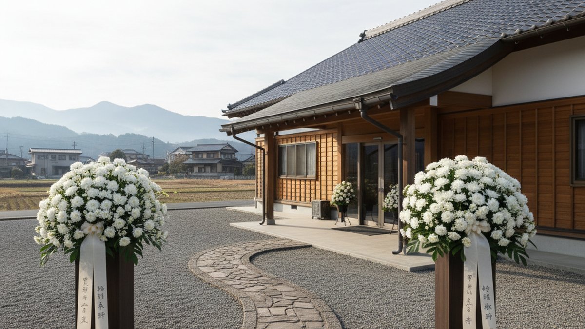 壬生町の落ち着いた葬儀会館の入り口と白菊のアレンジメント