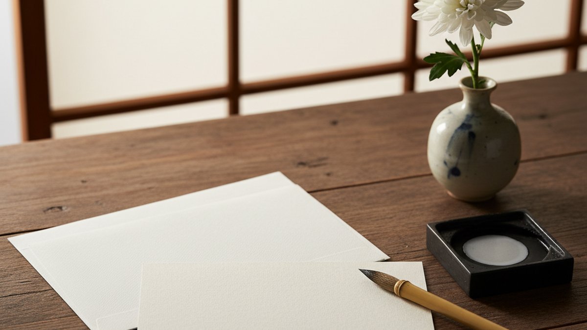 喪中ハガキと書道用具・白菊の静物写真