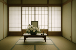 やわらかい自然光が差し込む和室に白菊が生けられた、静かで清らかな斎場の空間。