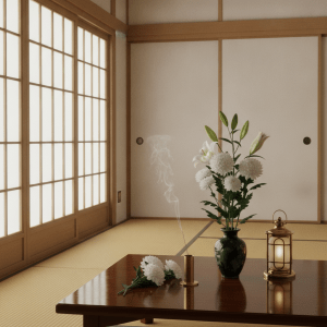 お盆の終活を穏やかに語る和室の風景。白い花と灯明が静かに灯る。