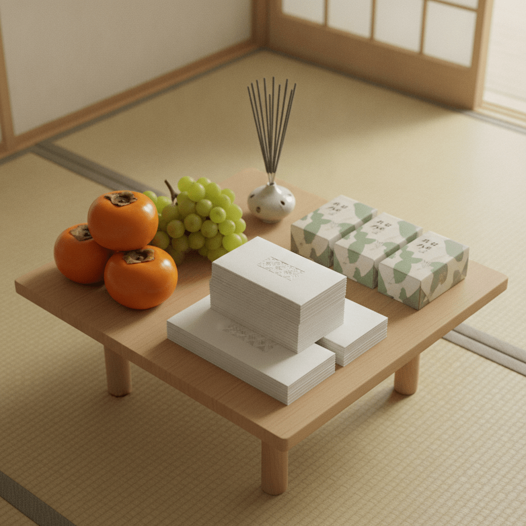 畳の上に、白菊と並べられたお供え物や白無地の不祝儀袋。