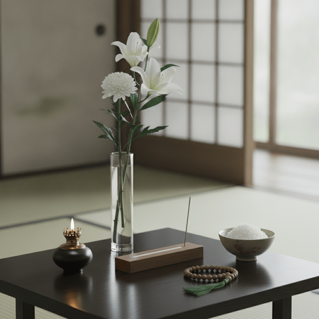 白い菊と灯明が供えられた、静かで丁寧な祭壇の設え
