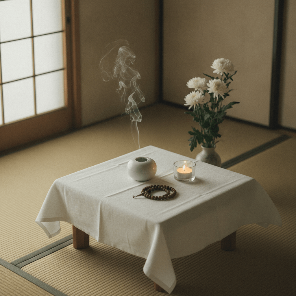 畳の部屋に白い布をかけた供物台があり、線香、灯明、数珠が静かに置かれている様子。