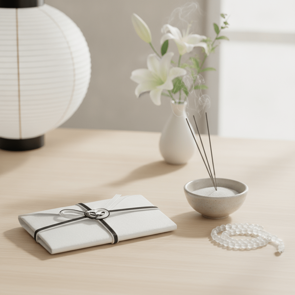 初盆のお供えに使うのし紙と盆提灯の一部が写る、準備の様子
