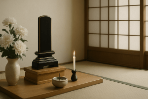 柔らかな光が差し込む和室に置かれた仏壇と塗り位牌