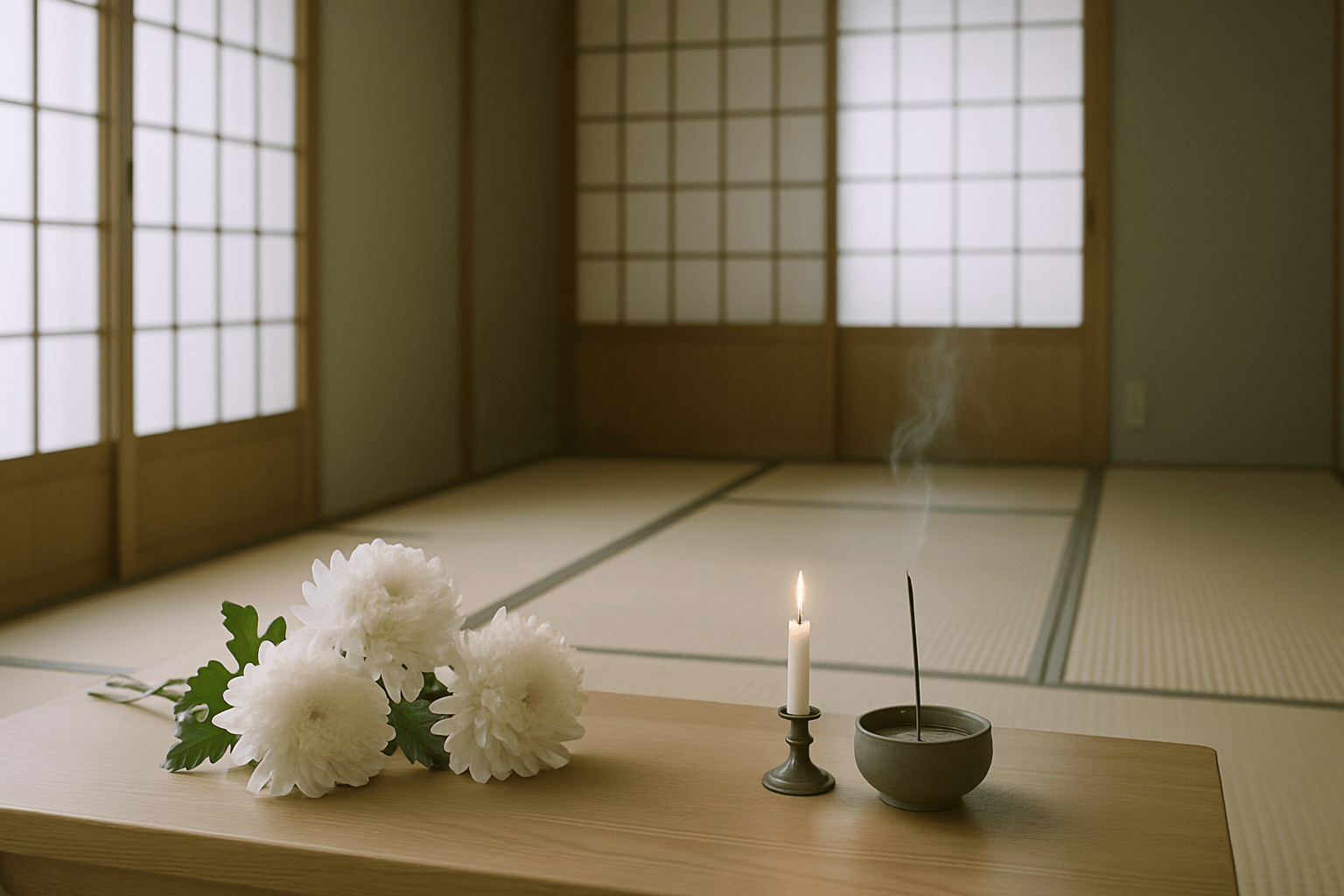 故人を偲ぶ、穏やかな光が差し込む和室の供養空間。