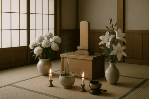 白菊と線香が供えられた、穏やかな光に包まれた仏間の和室。