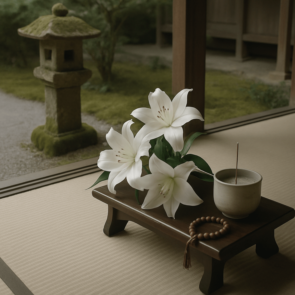 苔むした石灯籠と手水鉢がある静かな和風庭園、歴史を感じさせる供養の場。