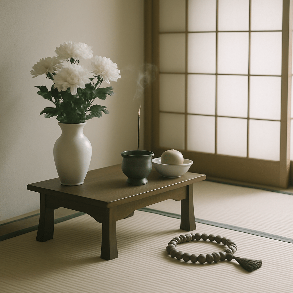 清潔な畳の上に供物と数珠が並べられた、法要準備中の和室の一角。