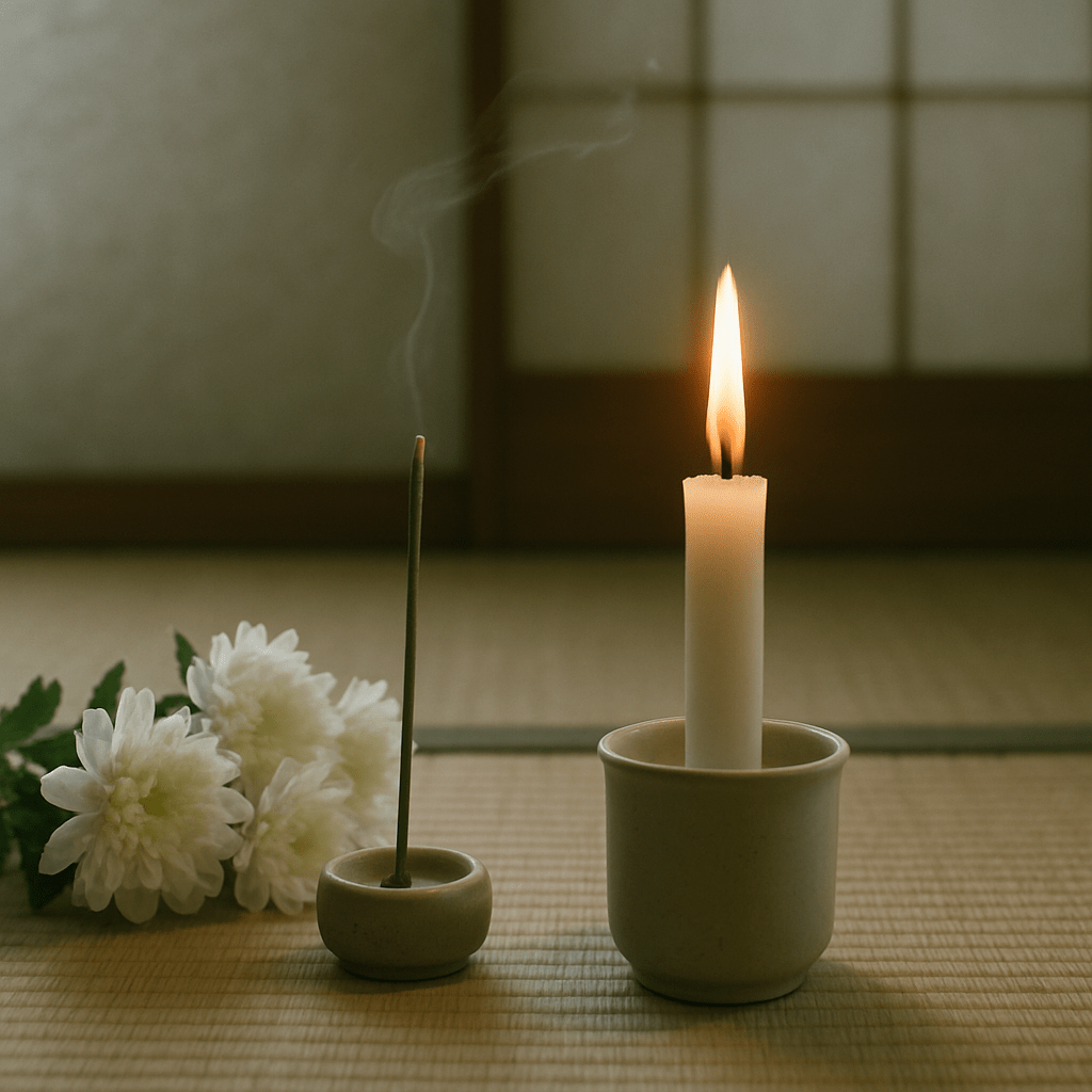 和室に灯された灯明と線香、白い菊の花