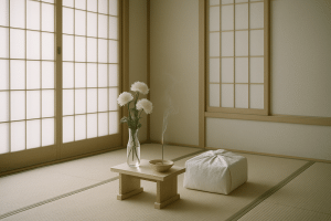 畳の部屋に白菊と線香、白い布に包まれた品が置かれた静謐な空間