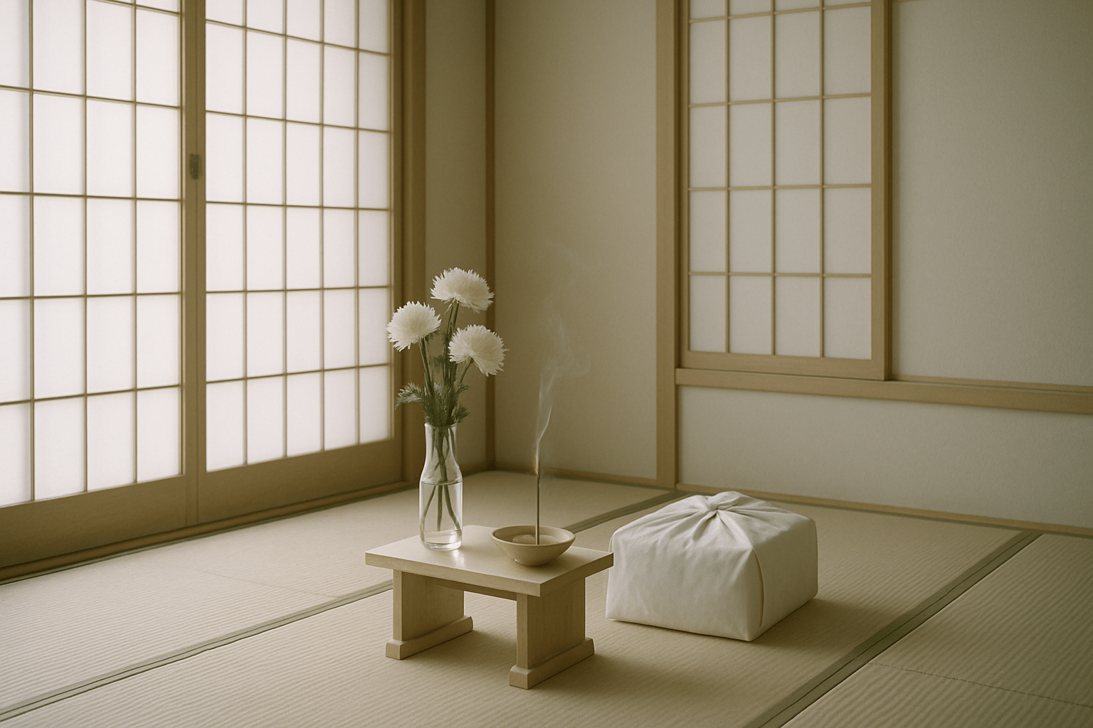 畳の部屋に白菊と線香、白い布に包まれた品が置かれた静謐な空間