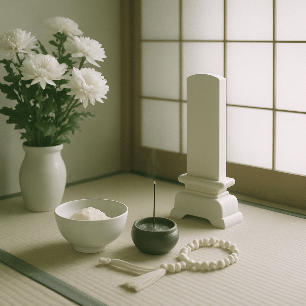 畳の上の机に置かれたお茶と書き物道具。喪中はがきを準備する静かな時間。