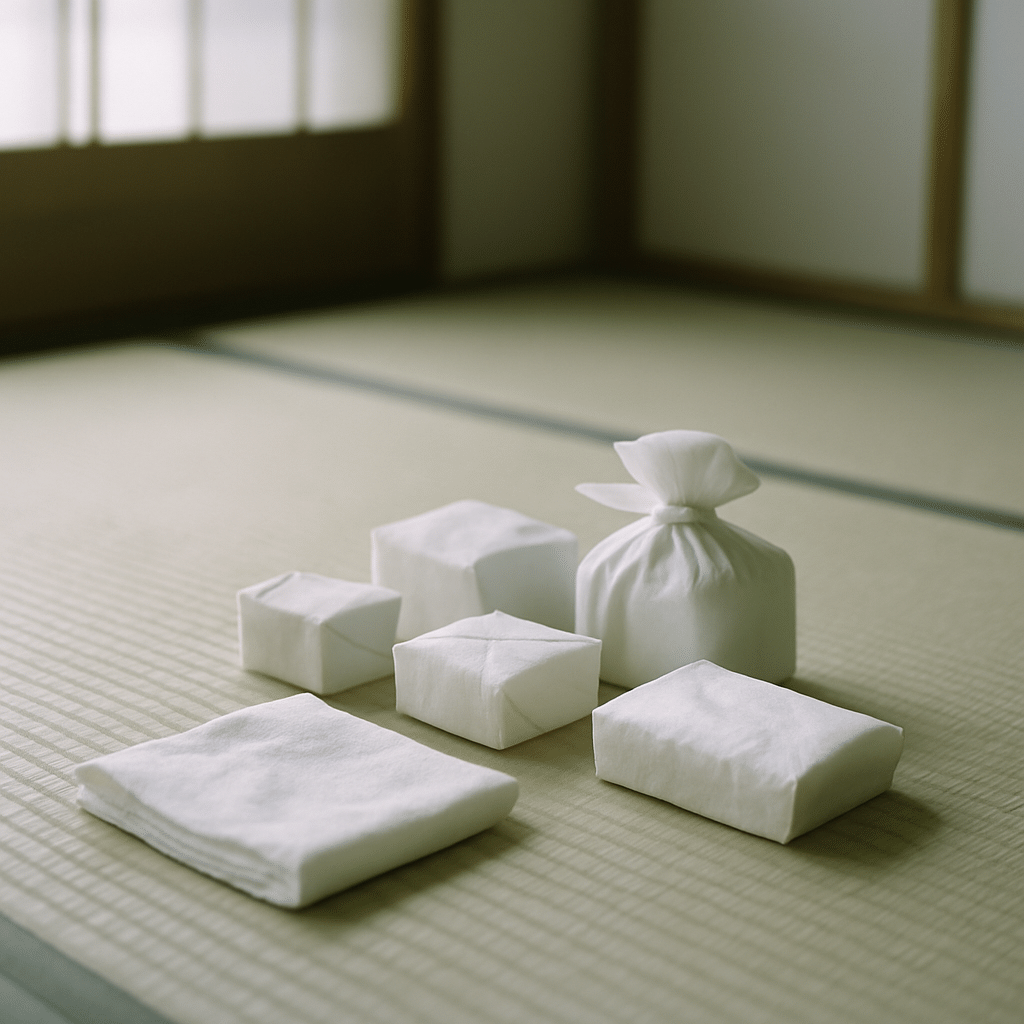 畳の上に白い布で丁寧に包まれた品が並べられ、清められる様子
