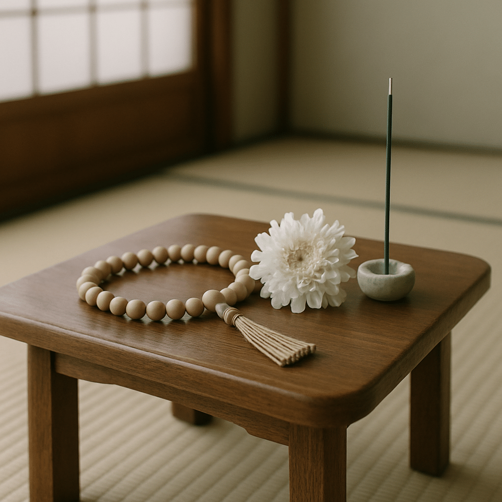 畳の部屋に置かれた木製の台に、数珠と白菊、線香が静かに並べられている。