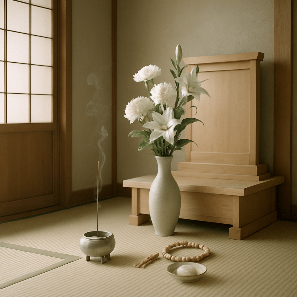 清らかな和室の供花と、立ち上る線香の煙。相談後の安堵感を示す。